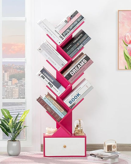 8 Tier Tree Bookshelf with Drawer, Free Standing Wood Bookcase for Narrow Space, Storage Organizer Bookshelves for Books, Book Case for Home Office, Living Room, Bedroom - Pink - LeafyLoom