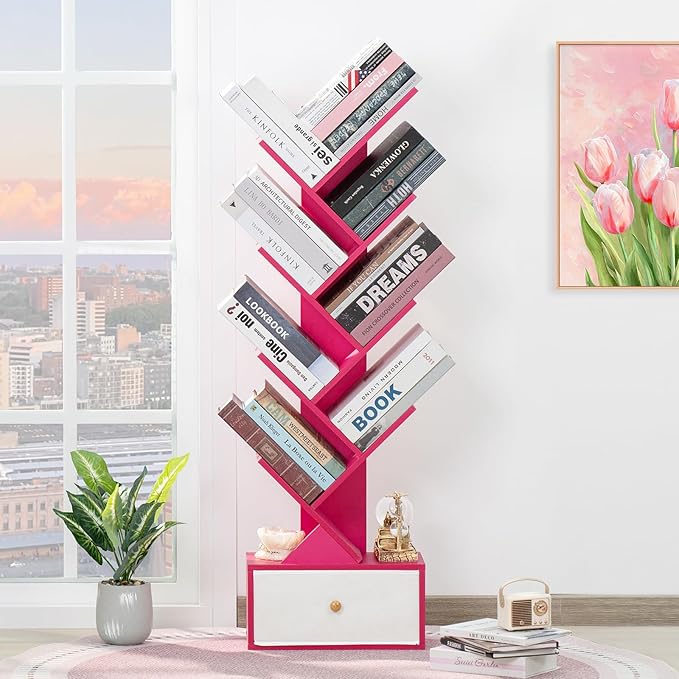 8 Tier Tree Bookshelf with Drawer, Free Standing Wood Bookcase for Narrow Space, Storage Organizer Bookshelves for Books, Book Case for Home Office, Living Room, Bedroom - Pink - LeafyLoom