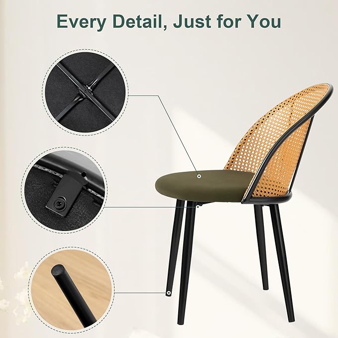 Mid Century Modern Dining Chairs Set of 2, Olive Green Dining Chairs, Kitchen Chairs with Full Rattan Back and Metal Tapered Legs, Kitchen & Dining Room Chairs - LeafyLoom