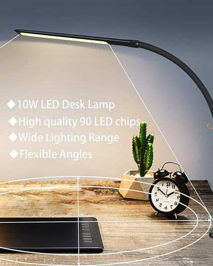 YOUKOYI LED Desk Lamp with Clamp,10W Swing Arm Clamp Lamp, 5 Brightness Levels & 4 Color Modes, Gooseneck Lamps Touch Control, Architect Desk Lamp for Home Office, Reading, Work(Black) - LeafyLoom