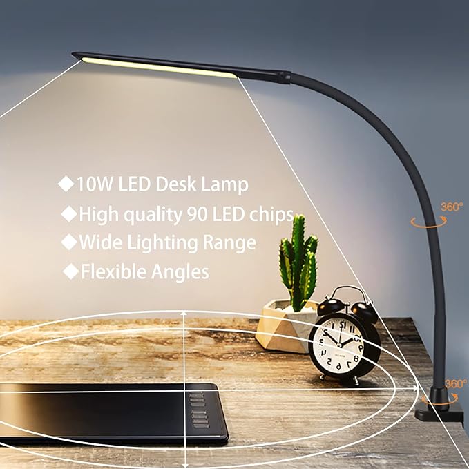 YOUKOYI LED Desk Lamp with Clamp,10W Swing Arm Clamp Lamp, 5 Brightness Levels & 4 Color Modes, Gooseneck Lamps Touch Control, Architect Desk Lamp for Home Office, Reading, Work(Black) - LeafyLoom