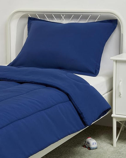 Amazon Basics 2 Piece Microfiber Kid's Comforter and Pillow Sham Set, Toddler, Navy, Solid - LeafyLoom