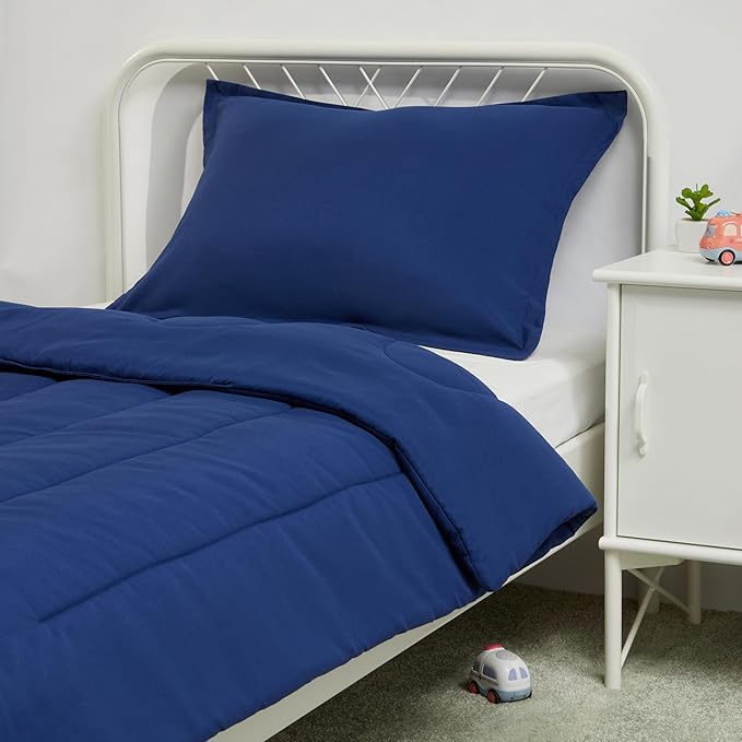 Amazon Basics 2 Piece Microfiber Kid's Comforter and Pillow Sham Set, Toddler, Navy, Solid - LeafyLoom