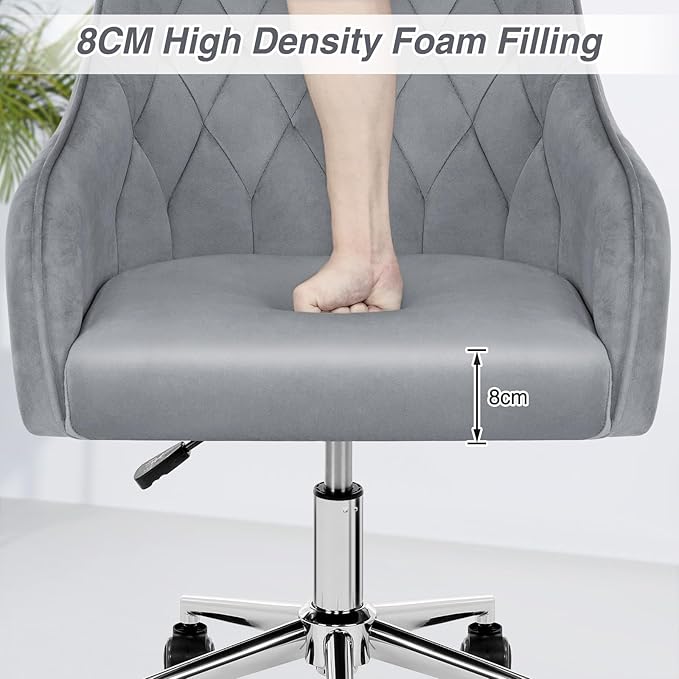 Velvet Desk Chair Vanity Chair for Makeup with Wheels and Back Home Office Chair Adjustable Rolling Swivel Chair for Bedroom Vanity Room Grey - LeafyLoom