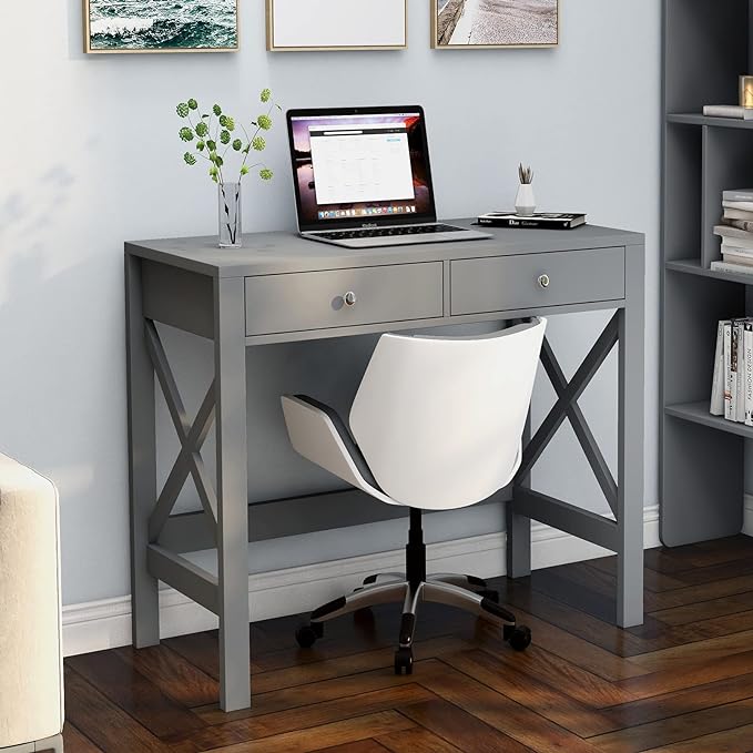 ChooChoo Home Office Desk Writing Computer Table Modern Design Desk with Drawers (Grey) - LeafyLoom