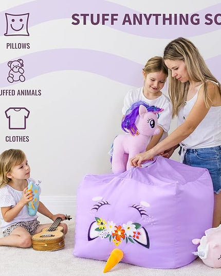 Aubliss Unicorn Stuffed Animal Storage Bean Bag Chair for Kids, Velvet Extra Soft Beanbag Chairs Cover, X-Large Stuffable Zipper Bean Bag for Organizing Plush Toys Girls Bedroom Decor, Purple Floral - LeafyLoom