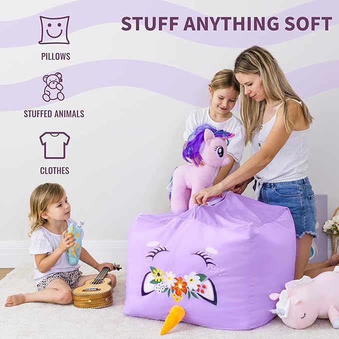 Aubliss Unicorn Stuffed Animal Storage Bean Bag Chair for Kids, Velvet Extra Soft Beanbag Chairs Cover, X-Large Stuffable Zipper Bean Bag for Organizing Plush Toys Girls Bedroom Decor, Purple Floral - LeafyLoom