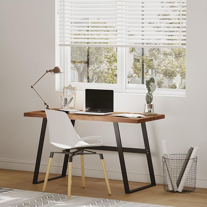 BON AUGURE Computer Desk, Modern Simple Wood Home Office Desk, Wood and Metal PC Writing Workstation, Walnut Sturdy Home Office Desks (55 Inch, Rustic Oak) - LeafyLoom