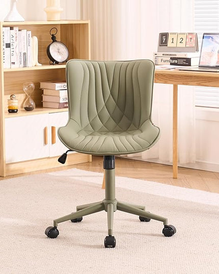 YOUTASTE Deep Green Office Chair Modern Armless Desk Chair with Wheels Adjustable Swivel Rocking Rolling Computer Study Chairs Faux Leather Sewing Chairs with Back Stylish Vanity Chair - LeafyLoom