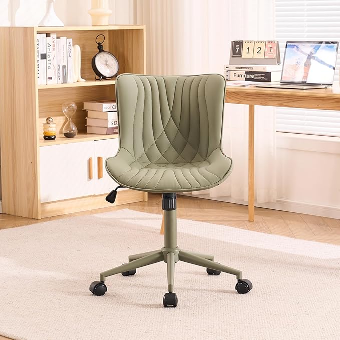 YOUTASTE Deep Green Office Chair Modern Armless Desk Chair with Wheels Adjustable Swivel Rocking Rolling Computer Study Chairs Faux Leather Sewing Chairs with Back Stylish Vanity Chair - LeafyLoom