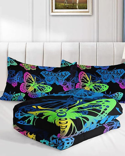 Axolotl Colorful Butterflies Bedding Set,Queen Size Kids Bed Set,Gradient Butterfly Comforter Set,1 Quilt with 2 Pillowcases for Boys Girls Kids Teens Children Adults Room Decor All Season,Black - LeafyLoom
