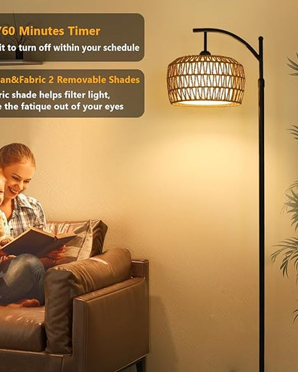 Arc Floor Lamp with Remote, Dimmable Rattan Floor Lamp with LED Bulb, Boho Farmhouse Tall Pole Lamp with Rattan & Fabric Shades, Modern Black Standing Lamps for Living Room Bedroom Nursery - LeafyLoom