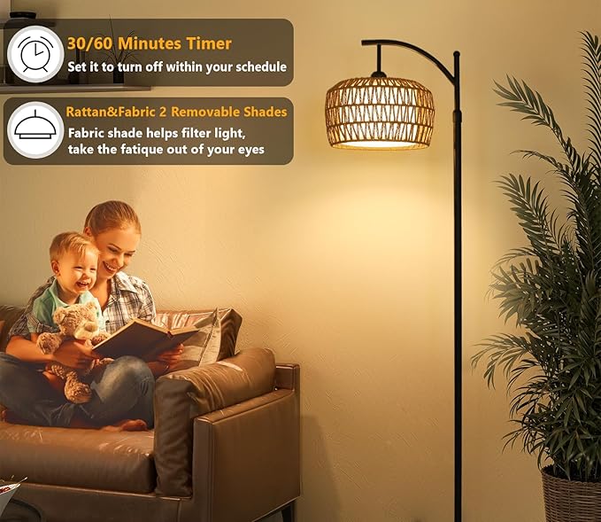 Arc Floor Lamp with Remote, Dimmable Rattan Floor Lamp with LED Bulb, Boho Farmhouse Tall Pole Lamp with Rattan & Fabric Shades, Modern Black Standing Lamps for Living Room Bedroom Nursery - LeafyLoom