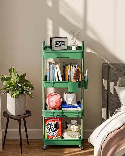 4 Tier Small Rolling Cart Organizer,Art Craft Diaper Bedside Snack Cart Laundry Room Bathroom Organizer Narrow Thin Slim Rolling Trolley Utility Cart with Wheels for Kitchen,Office(Green) - LeafyLoom
