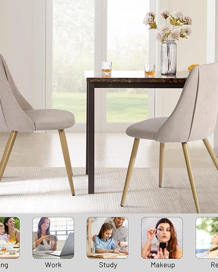 FurnitureR Dining Chairs Set of 2, Fabric Side Chairs Upholstered Living Room Accent Chair with Soft Seat/Metal Legs, Mid-Back Armless Chairs for Home Kitchen Restaurant, Beige - LeafyLoom