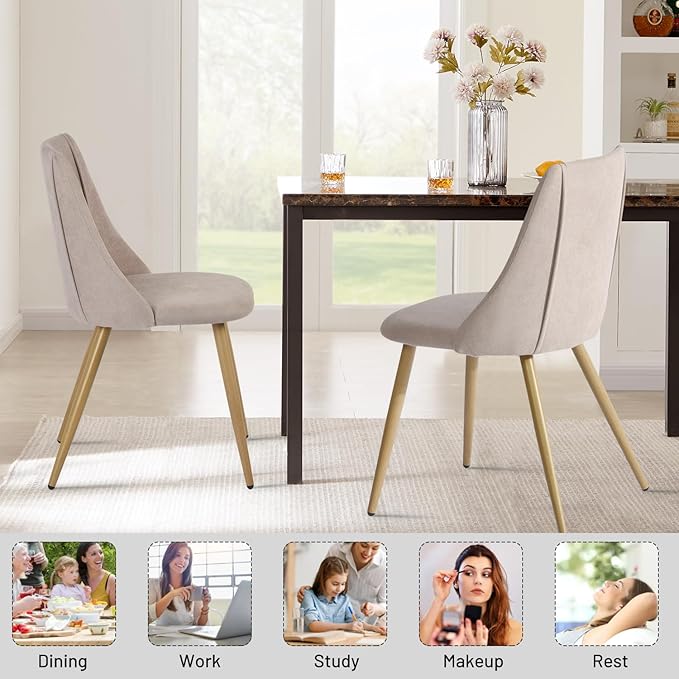 FurnitureR Dining Chairs Set of 2, Fabric Side Chairs Upholstered Living Room Accent Chair with Soft Seat/Metal Legs, Mid-Back Armless Chairs for Home Kitchen Restaurant, Beige - LeafyLoom