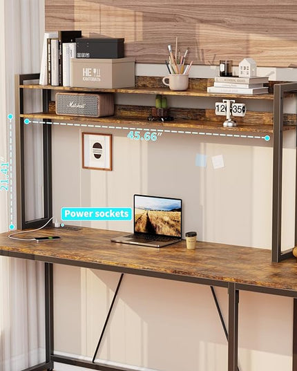 L Shaped Home Office Desk, Reversible Gaming Desk with Drawers, Led Lights & Power Outlets Rustic Brown - LeafyLoom