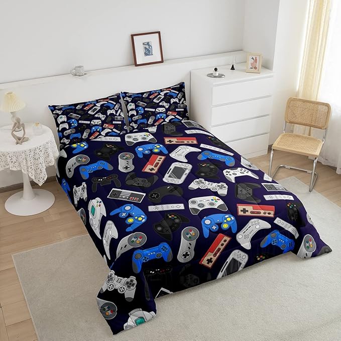 Erosebridal Boy Game Comforter Set Full Size Modern Gamer Down Comforter for Kids Girls Teens Children, Video Game Bedding Set,Player Gaming Gamepad Soft Lightweight Duvet Set Room Decor - LeafyLoom