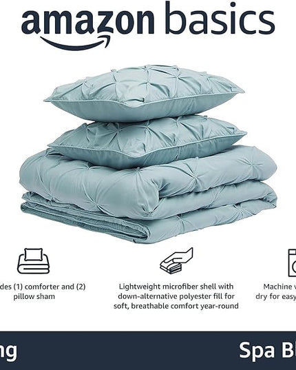 Amazon Basics All-Season Down-Alternative 3 Piece Comforter Bedding Set, King, Spa Blue, Pinch Pleat With Piped Edges - LeafyLoom