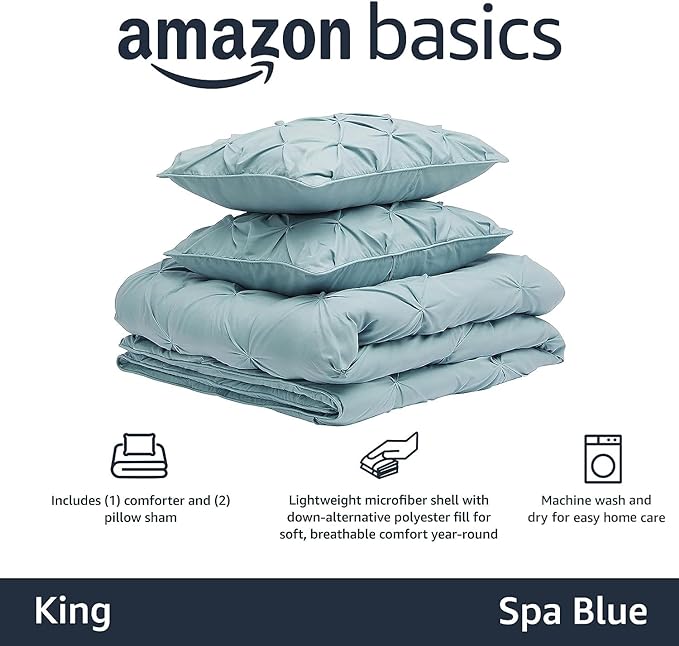 Amazon Basics All-Season Down-Alternative 3 Piece Comforter Bedding Set, King, Spa Blue, Pinch Pleat With Piped Edges - LeafyLoom