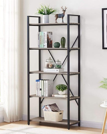 BON AUGURE Industrial Bookshelf, Etagere Bookcases and Book Shelves 5 Tier, Rustic Wood and Metal Shelving Unit (Dark Gray Oak) - LeafyLoom
