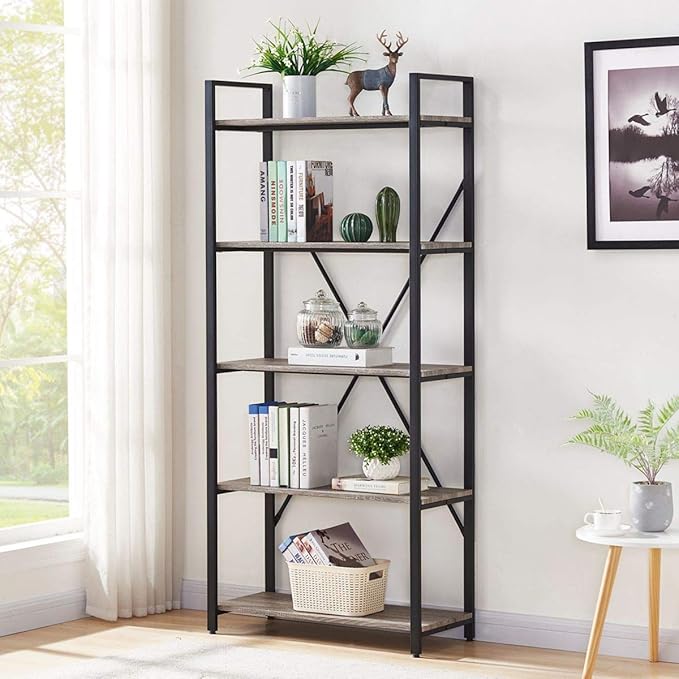 BON AUGURE Industrial Bookshelf, Etagere Bookcases and Book Shelves 5 Tier, Rustic Wood and Metal Shelving Unit (Dark Gray Oak) - LeafyLoom