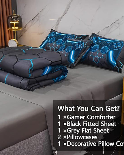 6Pcs Game Console Comforter Set with Sheets for Boys Girls Kids Teens, Geometric Gaming Themed Bed in A Bag Twin Size, Blue 3D Video Gamer Controller Bedroom Decor Bedding Set - LeafyLoom