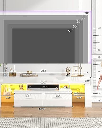 HOUAGI LED TV Stand for 50/55/60/65/70 Inch TVs,Modern Entertainment Center with Storage Drawer and Glass shelf, TV Console Table for Living room,Bedroom,White - LeafyLoom