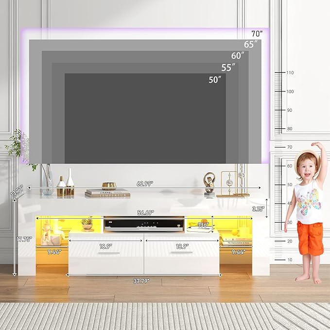 HOUAGI LED TV Stand for 50/55/60/65/70 Inch TVs,Modern Entertainment Center with Storage Drawer and Glass shelf, TV Console Table for Living room,Bedroom,White - LeafyLoom