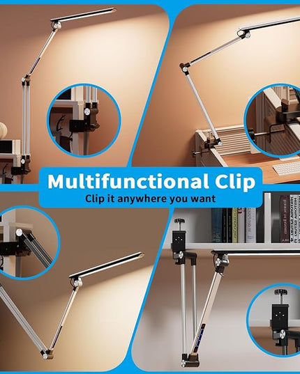 LED Desk Lamp,Swing arm with clamp11W,10 Color Modes Touch Control,Table Lamps with 10 Levels Brightness,Reading Desk Lamps 360 Degree Spin with USB Adapter & Memory Function Silver - LeafyLoom