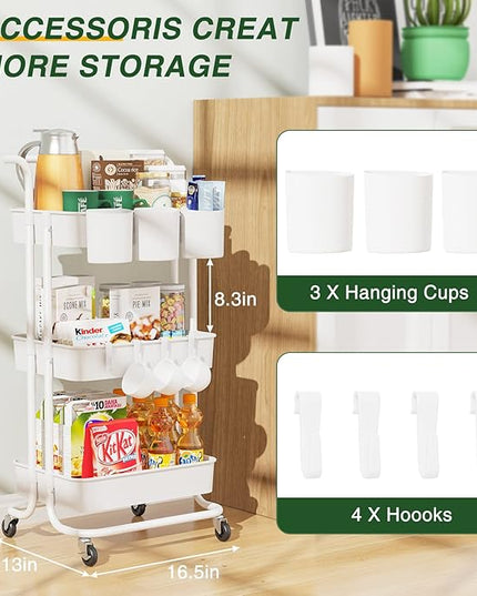 LEHOM 3-Tier Rolling Utility Cart with Hanging Cups & Hooks & Handle, Plastic Art Cart Organizer Storage with Wheels, Easy Assembly for Office, Bedroom, Kitchen, Bathroom, Laundry (White) - LeafyLoom