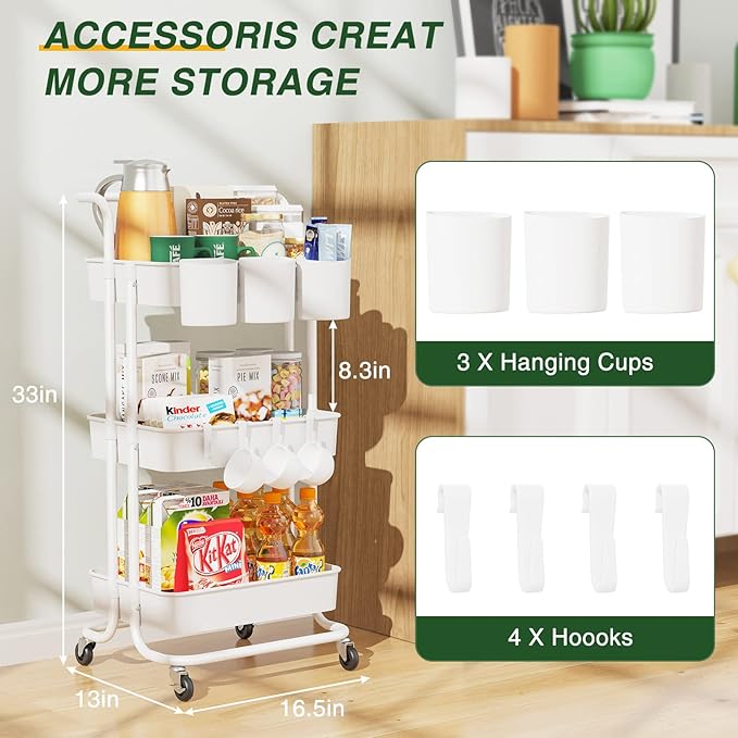 LEHOM 3-Tier Rolling Utility Cart with Hanging Cups & Hooks & Handle, Plastic Art Cart Organizer Storage with Wheels, Easy Assembly for Office, Bedroom, Kitchen, Bathroom, Laundry (White) - LeafyLoom