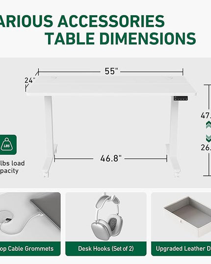 FEZIBO 55 x 24 Inches Standing Desk with Drawer, Adjustable Height Electric Stand up Desk with Storage, Sit Stand Home Office Desk, Ergonomic Computer Desk, White - LeafyLoom