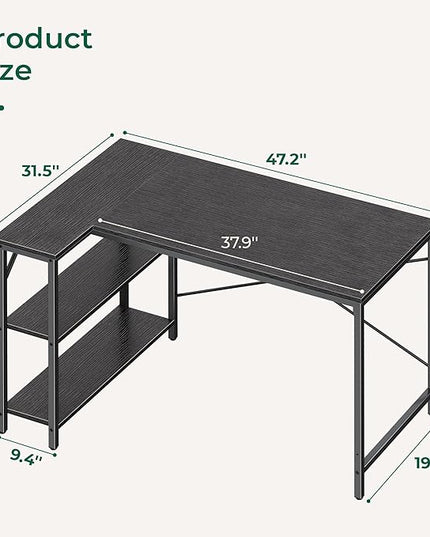 L Shaped Desk, 47 Inches Computer Desk with Reversible Storage Shelves, Gaming Desk, Corner Desk Home Office Desks, Writing Desk Study Desk with Metal Frame, Black - LeafyLoom