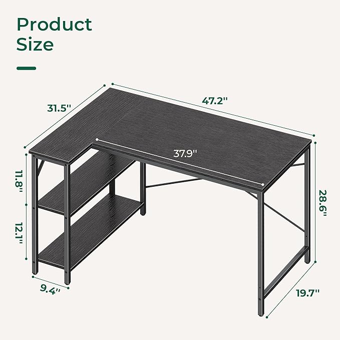 L Shaped Desk, 47 Inches Computer Desk with Reversible Storage Shelves, Gaming Desk, Corner Desk Home Office Desks, Writing Desk Study Desk with Metal Frame, Black - LeafyLoom
