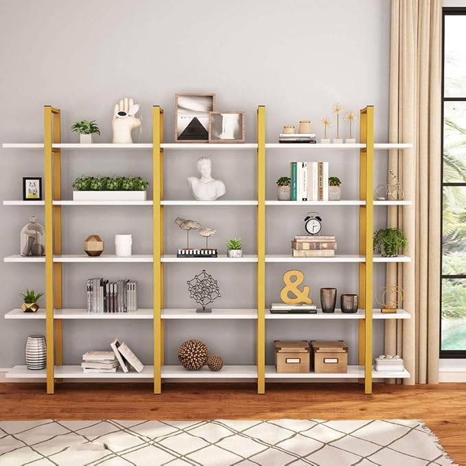 Tribesigns 5-Tier Bookshelf, Vintage Industrial Style Bookcase 70 ‘’ H x 12’’ W x 47’’L, Gold - LeafyLoom