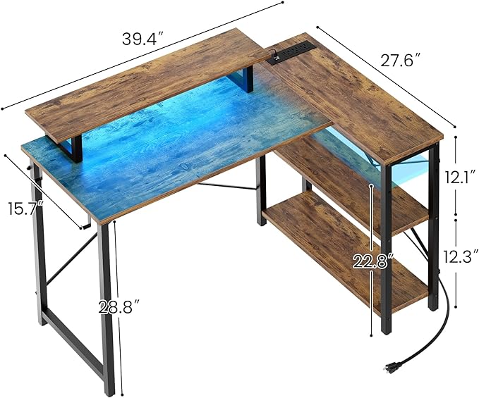 Homieasy Small Gaming Desk with Power Outlet & LED Light, 39 Inch L Shaped Computer Desk with Storage Shelves, Reversible Corner Desk with Monitor Stand Headset Hooks for Home Office, Rustic Brown - LeafyLoom