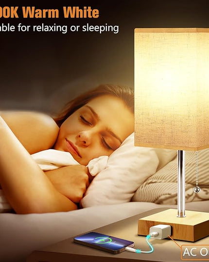 Bedside Table Lamp for Bedroom Nightstand, 3 Color Nightstand Lamps Set of 2 with AC Outlets, Square Pull Chain Bedside Lamp for Living Room, Office Desk, LED Bulb Included - LeafyLoom