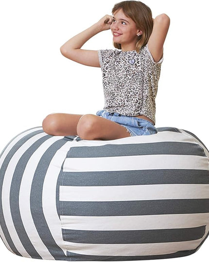 Aubliss Stuffed Animal Storage Bean Bag Chair Cover Only for Plush Toys, Blankets, X-Large 48"-Canvas Stripes Grey - LeafyLoom