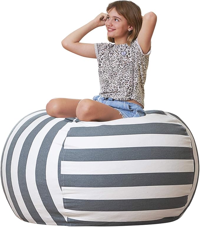 Aubliss Stuffed Animal Storage Bean Bag Chair Cover Only for Plush Toys, Blankets, X-Large 48"-Canvas Stripes Grey - LeafyLoom