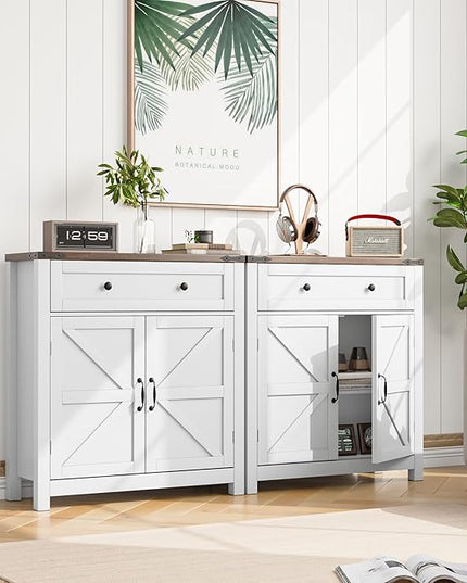 Walnut Buffet Sideboard Cabinet with 2 Barn Doors, Farmhouse Coffee Bar Cabinet, Bathroom Cabinet with Adjustable Shelf, Storage Cabinet for Kitchen, Living Room, Entryway, Bathroom - LeafyLoom