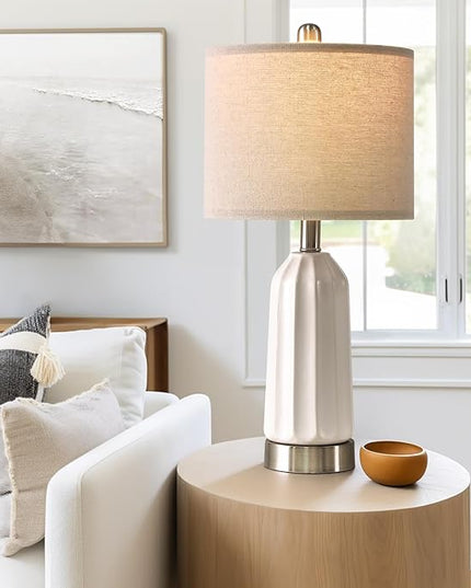 20.25" - Modern Ceramic Bedside Lamp with USB C+A Charging Ports, Table Lamp for Living Room, Bedroom, Nightstand Lamp, Farmhouse Table Lamp (White)-Single - LeafyLoom