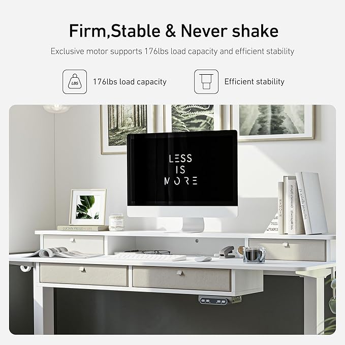 FEZIBO Sturdy Height Adjustable Electric Standing Desk with Drawers, 63 x 24 Inch Stand Up Table with Large Storage Shelf, Sit Stand Desk, White Top - LeafyLoom