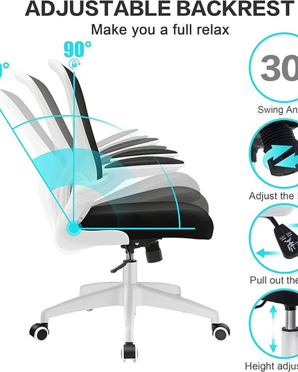 FelixKing Office Desk Chairs, Ergonomic PC Desk Chair with Wheels, Adjustable Lumbar Support and Height, Swivel Computer Chair with Flip-up Armrests, Ergo Mesh Backrest for Working (White) - LeafyLoom