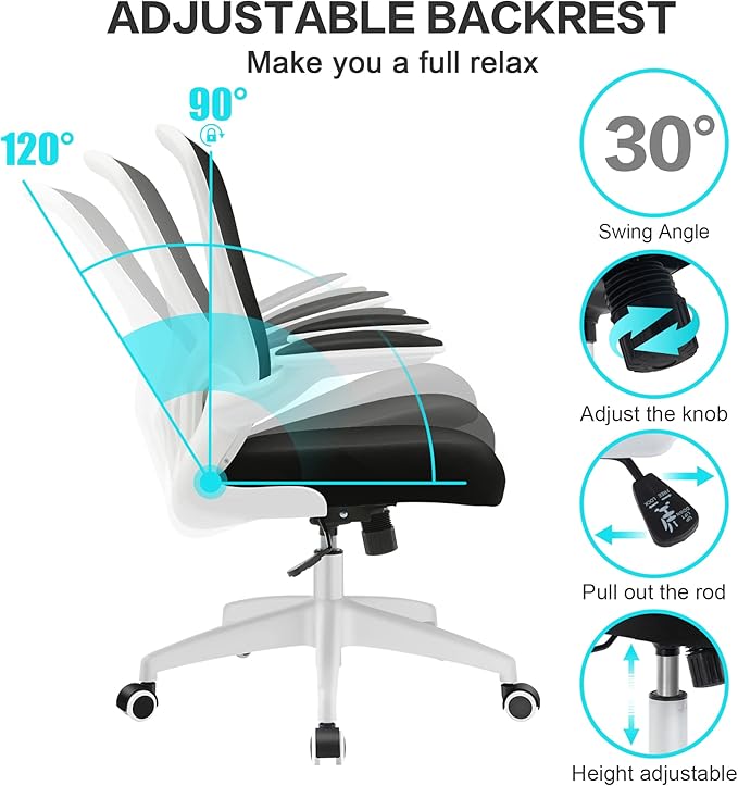 FelixKing Office Desk Chairs, Ergonomic PC Desk Chair with Wheels, Adjustable Lumbar Support and Height, Swivel Computer Chair with Flip-up Armrests, Ergo Mesh Backrest for Working (White) - LeafyLoom