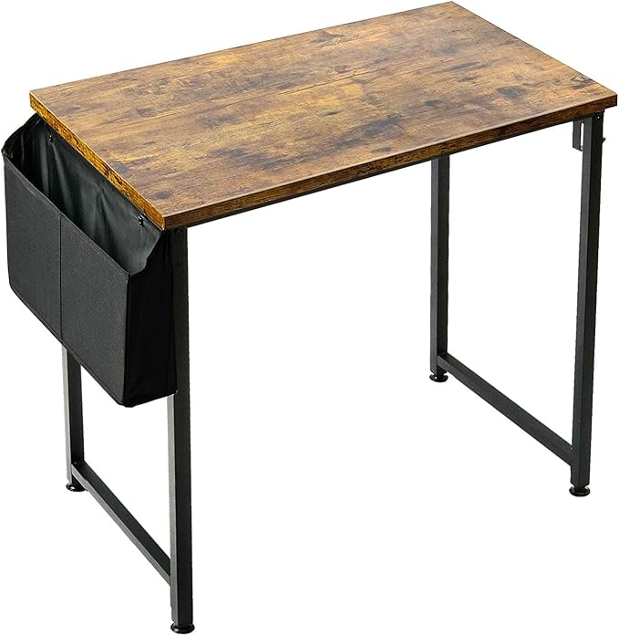 Lufeiya Small Computer Desk Study Table for Small Spaces Home Office 31 Inch Rustic Student Laptop PC Writing Desks with Storage Bag Headphone Hook,Brown - LeafyLoom