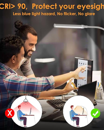 ShineTech LED Desk Lamp for Home Office, Eye-Caring Desk Light with Clamp, 3 Colors Stepless Brightness Adjustable Flexible Gooseneck, USB Adapter Architect Task Lamps for College Dorm Room - LeafyLoom