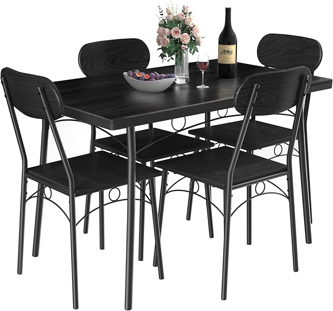 VECELO Dining Table Set for 4, 5 Piece Dinette with Chairs for Kitchen, Breakfast Nook and Small Space, 43.3", Black - LeafyLoom