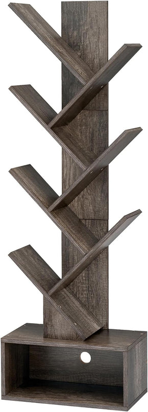 Hoctieon 6 Tier Tree Bookshelf, Tall Bookcase with Drawer, Freestanding Book shelf, Display Floor Standing Storage Shelf, Book Organizer Shelves for Home Office, Living Room, Bedroom, Grey - LeafyLoom