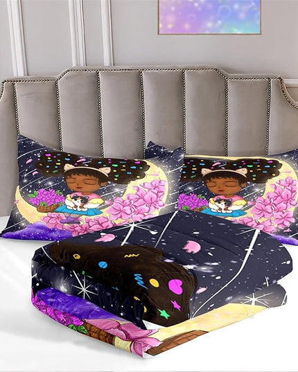 Afro African Girls Comforter Set for Girls Bedroom Teens Black Girls Bedding Sets for Girls Lovely Little African American Girls Comforter with 2 Pillowcases Cute Princess Bedding Set, Queen Size - LeafyLoom
